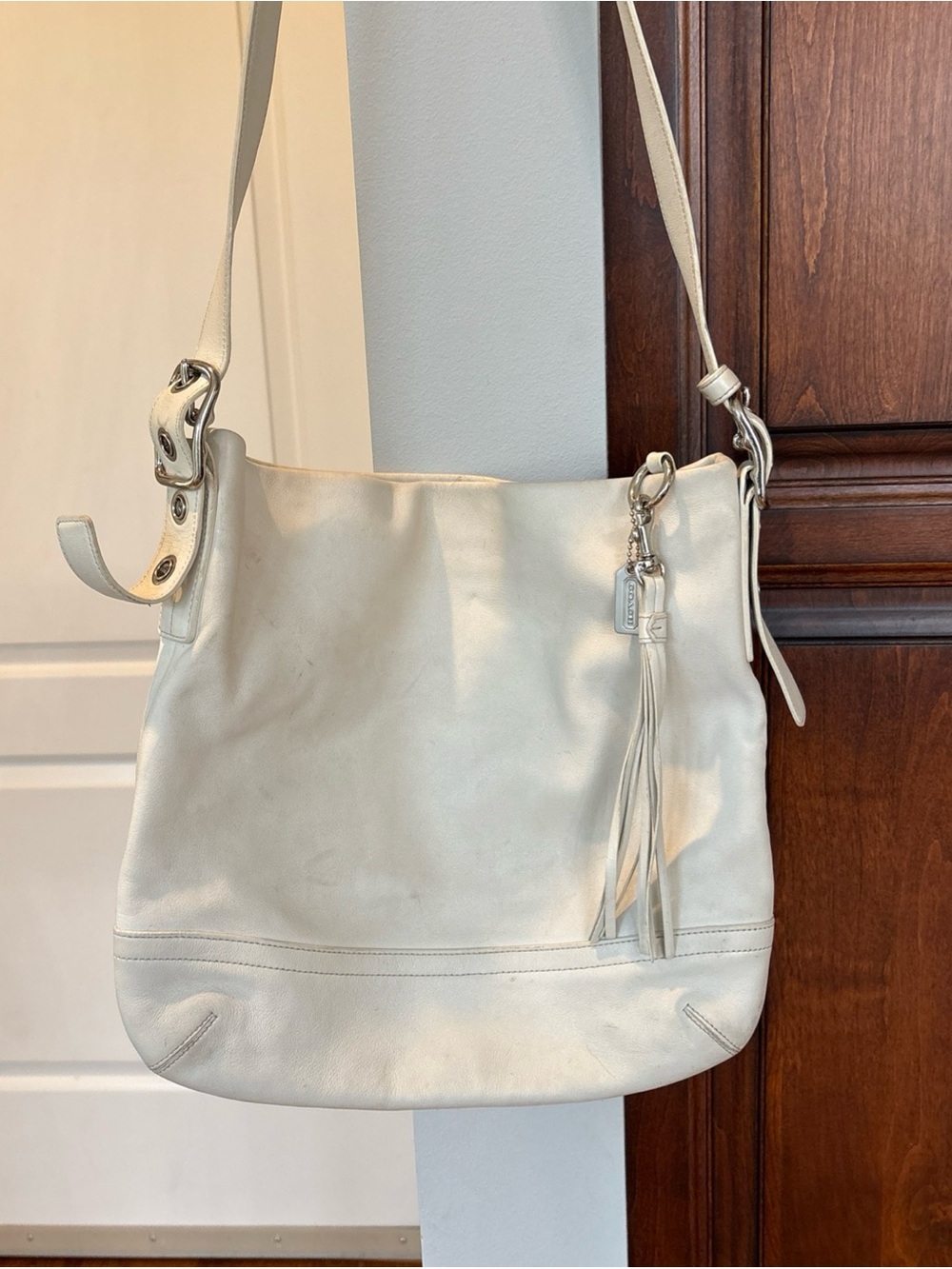 Coach Cream Leather Shoulder Bag with Tassel Charm
